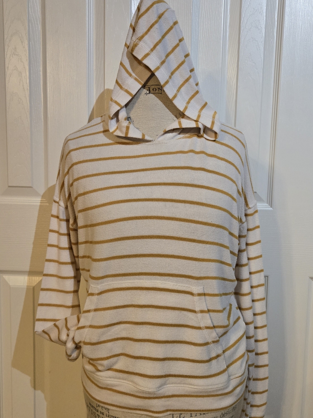 American Eagle Outfitters Cream and Tan Striped Hooded Pullover